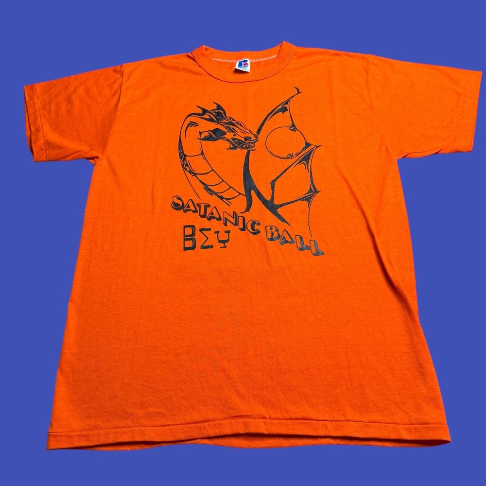 Vintage Russell Fraternity Satanic Ball T Shirt Mens Medium Orange 80s 90s USA